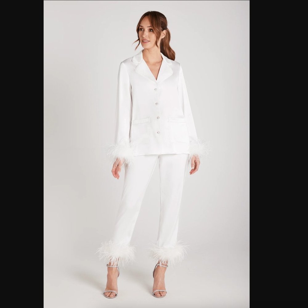 Nadine Merabi White Feather Silk Pajamas